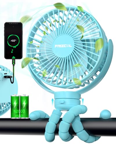 Image of Portable Stroller Fan, Use As Power Bank, 65H 12000mAh Battery Operated Fan Flexible Tripod Baby Car Seat Fan with Timming, Personal Mini Handheld/Desk/Small Clip On Fans For Stroller (Baby blue)