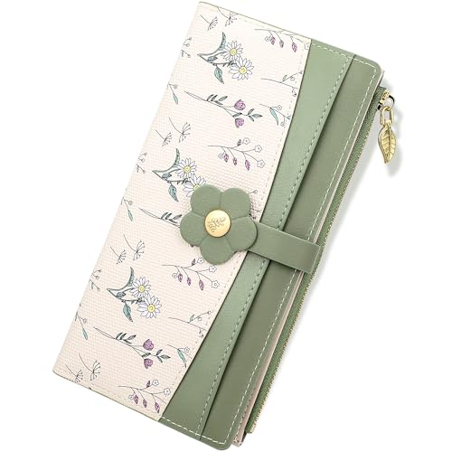 Image of Farcauo Long Floral Womens Wallet Cute Wallets for Women Green Women's Wallet Kawaii Flower Card Wallets for Women Ladies