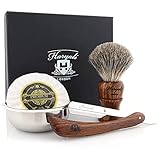 4pcs Wooden Shaving Set for Men – Classic Wet Shave Kit with Cut Throat Razor, Black Badger Hair Shaving Brush, Shaving Soap & Stainless Steel Shaving Bowl –Mens Grooming Set for Beard Care