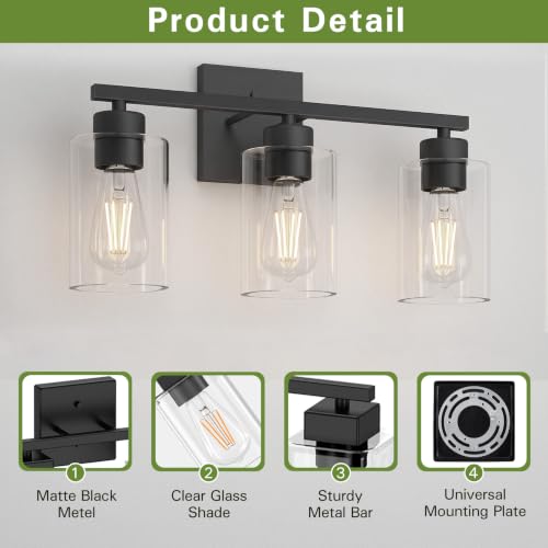 Image of Matte Black Bathroom Vanity Light, 3-Light Vanity Lighting fixtures Over Mirror, Round Design & UL Certification, Wall Sconces with Clear Glass Shades, E26 Socket (Bulbs Not Included)