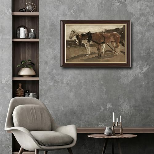 Image of Vintage Framed Work Horses Canvas Wall Art, Antique Farm Animal Painting, Neutral Tone Rustic Wall Decor for Living Room Bedroom Farmhouse Aesthetic
