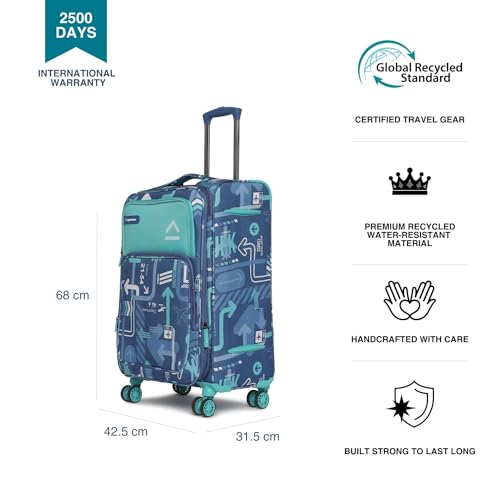 Image of uppercase JFK Plus 68 Cm Medium Polyester Soft-Sided 8 Spinner Check-in Trolley Bag Dust Resistant Eco-Soft Printed Luggage with TSA Lock, 2500 Days Warranty (Denim Blue)