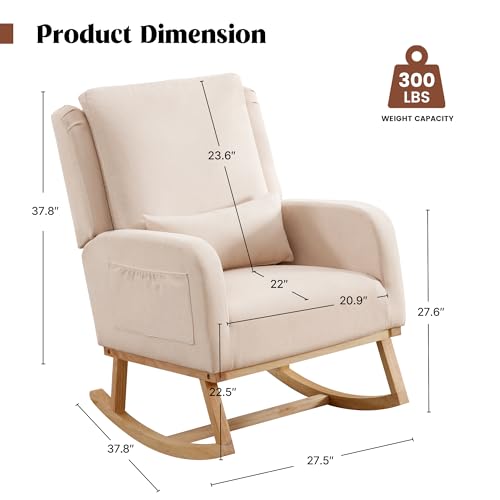 Image of HCHAIRH Rocking Chair Nursery, Nursing Rocking Chairs with Lumbar Pillow, Comfy Modern Nursery Glider Rocker Morden Accent Rocking Chair for Mom Nursery, Living Room, Bedroom, Beige
