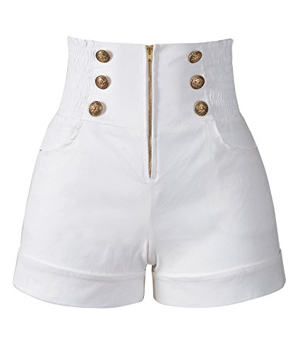 Penelope Vintage Women's 50s Retro Rockabilly Style High Waist Pinup Shorts (M, White)