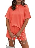 RUBZOOF Women's 2 Piece Outfits Summer Tracksuit Ribbed Textured Knit Loose Lounge Shorts Set Short Sleeve Matching Sets Orange S