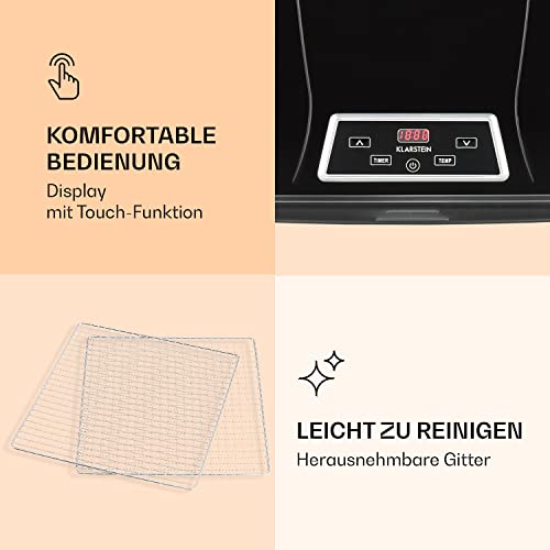 Foto von Klarstein Dörrautomat, Dörrgerät, Food Dehydrator, Dörrautomat aus Metall, Dehydrator Food Dryer, 6 Ablagen, 500 Watt, Touch-Display, Timer, Edelstahlheizelement, HotAir Circulation System, Schwarz