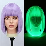 Cetiq Night Wave Stylish Glow in the Dark Synthetic Bob Wig with Bangs for Daily Party,Halloween (light purple)