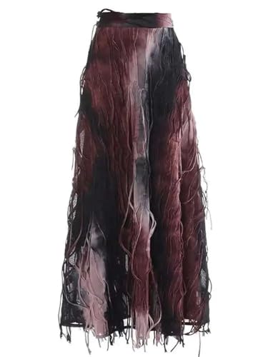 Women's Midi Skirt Vintage Zipper Gradient Tie Dye Pleats A-Line Tassel Party Wedding Long Skirts2