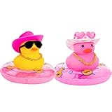 wonuu Yellow Pink Car Rubber Duck, Duck Decoration Dashboard with Cowboy Hat Swim Ring Necklace Sung