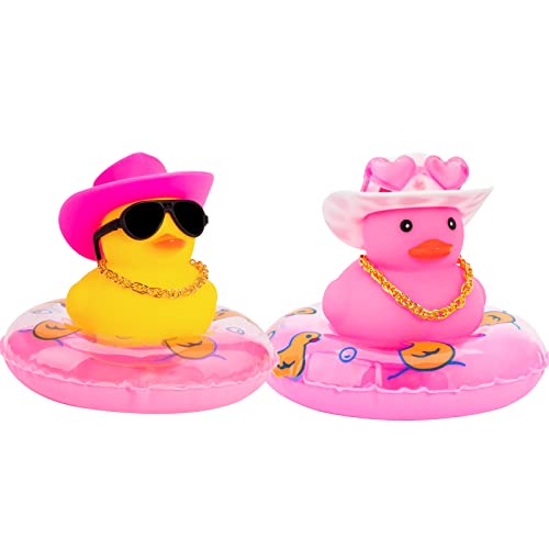 Wonuu Yellow Pink Car Rubber Duck, Duck Decoration Dashboard With Cowboy Hat Swim Ring Necklace Sunglasses For Car Dashboard Decorations #TOP5