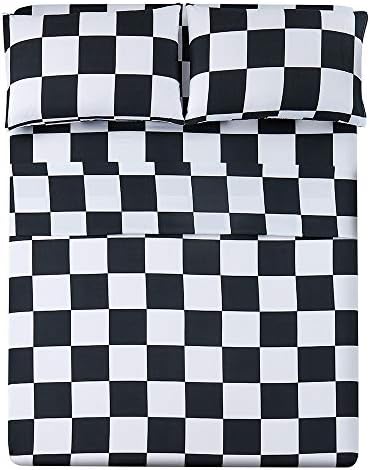 Queen Size Sheet Set 4 Piece -Microfiber Soft Durable Bedding Sheet Set,Deep Pocket,Stain,Fade & Wrinkle Resistant (Plaid Black&White)