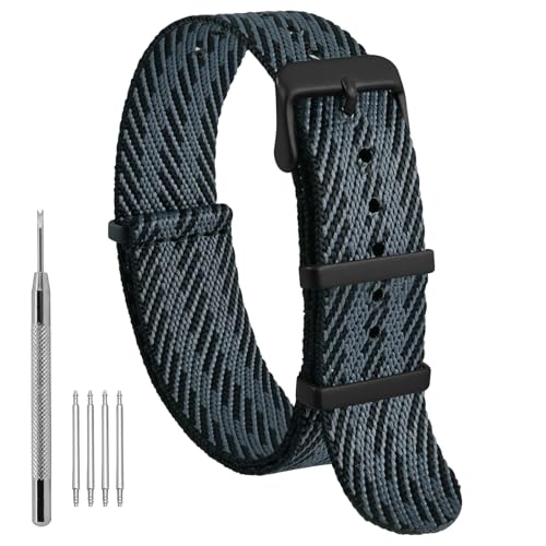 WOCCI 18mm Military Nylon Watch Band, One-piece Nylon Strap for Men and Women, Black Buckle (Grey Black)