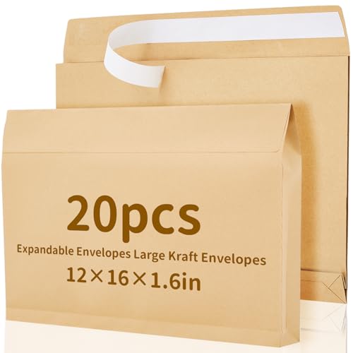 Fullhawl 20 Pcs 12 x 16 x 1.6 Inch Large Expandable Catalog Envelopes Manilla Kraft Peel and Seal Envelopes Light Brown Large Mailing for Office Home Documents Magazines Photos Storage Organizing