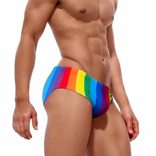 Bañador para hombre Pride Rainbow Slip con almohadilla extraíble, ropa de baño elástica a rayas ropa interior sexy chic tangas cintura baja pantalones cortos de baño eróticos, O Multicolor, L