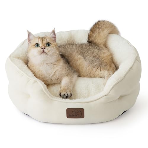 Bedsure Cat Bed for Indoor Cats - 51x48x15cm Round Washable Kitten Bed with Slip-Resistant Bottom and Reversible Cushion, White