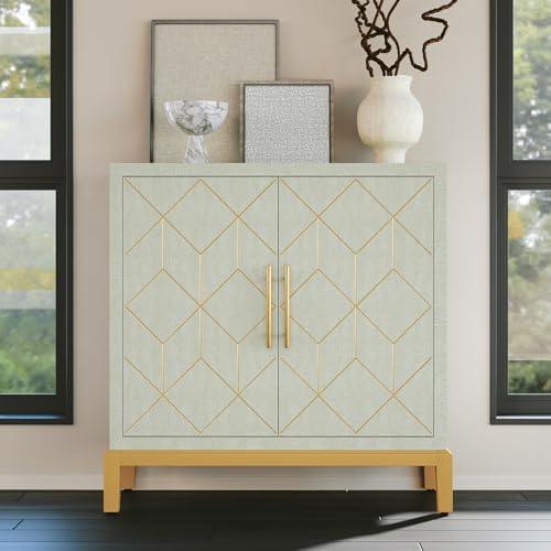 HLR Green Accent Cabinet with Gold Trim,Storage Cabinet with 2 Doors,Modern Wooden Sideboard for Living Room, Kitchen, Office and Hallway