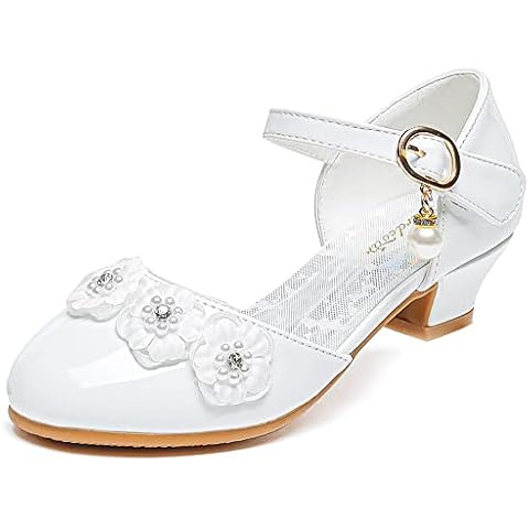 Furdeour Girls Sandals Heels Flower Wedding Party Little Kid Princess for Toddler High Heel Size 12(2903White 12) Cover