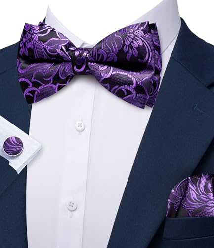 Image of YOHOWA Paisley Striped Men Bow Tie Pre-Tied Formal Adjustable Colorful Bowties Handkerchief Cufflinks Set Wedding Party