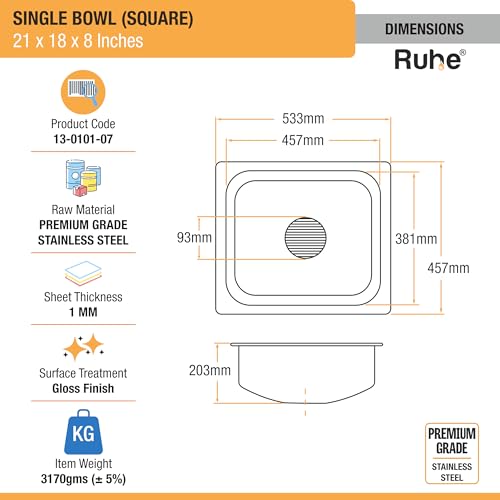 Image of Ruhe Stainless Steel Square Bowl Kitchen Sink 21x18x8 Inches (Glossy Finish), Bright Silver