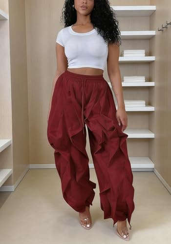 Image of Lucuna Women Balloon Pants Ruffle Fringe Drawstring High Waist Wide Leg Baggy Joggers Parachute Pants