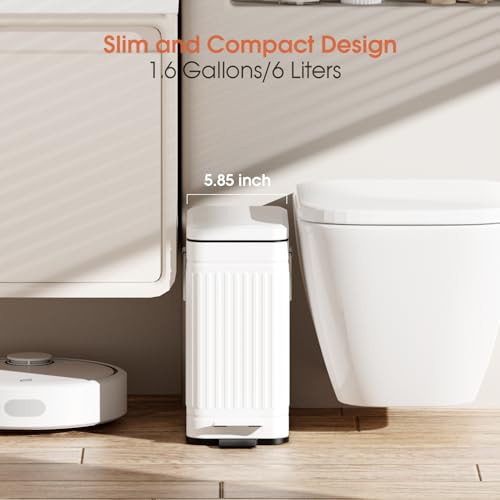 Image of Small Bathroom Trash Can with Lid Soft Close, 6L / 1.6 Gallon Stainless Steel Small Garbage Can with Step Pedal, Slim Waste Basket for Bedroom, Toilet, Office - White
