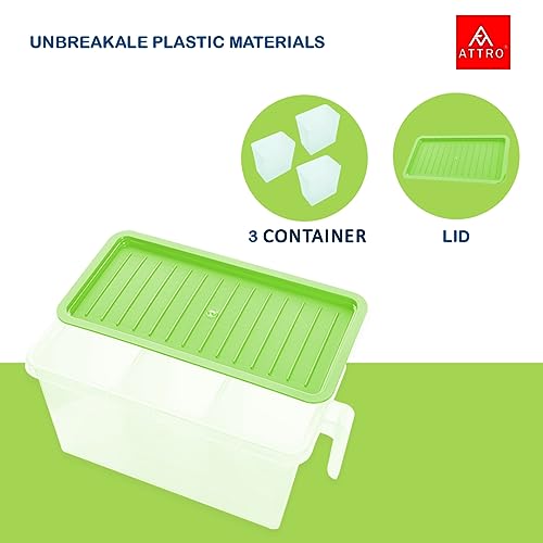 Image of Attro Plastic Air Tight Food And Storage Container 3 Detachable Small Storage Boxes With 1 Lid Used To Store 3 Diffrent Food Items In A 1 Box Bpa Free, Food Grade,Freezer Safe, 5000Ml-Mint Green