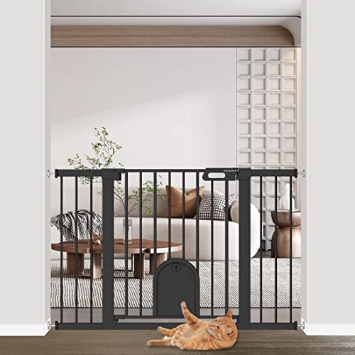 Image of Baby Gate with Cat Door 30" to 48" Wide Black - Walk Through Small Pet Gate for Kitten Puppy Dogs Doorway Stair - Pressure Mounted Child Safety Gate Stand 30inch Tall
