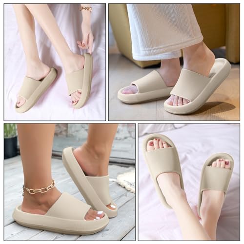 HEOAARG Badelatschen Herren Damen Rutschfest Badeschlappen Wolke Weich Schlappen Slippers Sommer Pantoletten Badesandalen Cozislides Flip Flops Innen/Außen，Khaki，46-47 EU 2