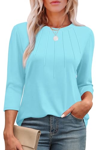XIEERDUO Womens Tunic Tops 3/4 Sleeve Pleated Blouses Business Casual Round Neck Womens Tops Mint Green XL