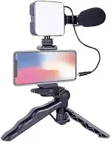 Kit Vlog com Tripé, Microfone, Luz LED e Suporte para Smartphone, Conjunto Completo para Gravação de Vídeos e Transmissão ao Vivo