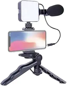 Kit Vlog com Tripé, Microfone, Luz LED e Suporte para Smartphone, Conjunto Completo para Gravação de Vídeos e Transmissão ao Vivo