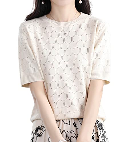 Summer Hollow Out T-Shirt Women's Short Sleeve Sweater Cotton Knitted O-Neck Lightweight Pointelle Breathable Tops