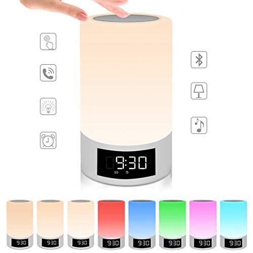Wecker Digital Funkuhr Wake Up Licht, LED Touch Sensor Licht, Bluetooth-Lautsprecher uhr, 7 Farben USB Stimmungslicht Dimmbar Nachttischlampe,White