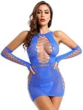 FEESHOW Damen Sexy Dessous Netz Kleid Negligee Babydoll Hollow Out Fischnetz Minikleid Handschuhe Chemise Erotik Nachtwäsche Club Party Nachtkleid Blau OneSize