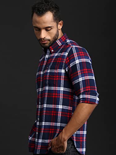 Image of THE BEAR HOUSE Men's Cotton Blue & Red Checks Slim Fit Shirt | L |TBH-Bud-BL-L |
