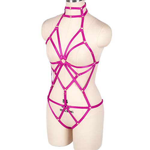 Women's Punk Body Harness Lingerie Full Waist Garter Belts Set Strappy Frame (Rose Red N0009) #TOP6