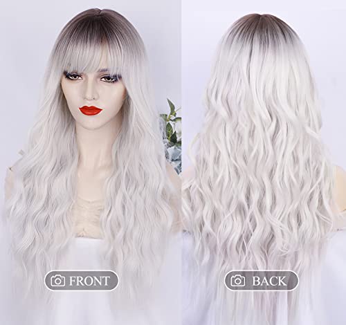 Orsuncer Ombre White Wig Long Wavy Wigs With Bangs For Women Wig Long Platinum Blonde Wig Natural Looking Synthetic Heat Resistant Hair Wigs For Daily Party Wig 26 Inches #TOP1