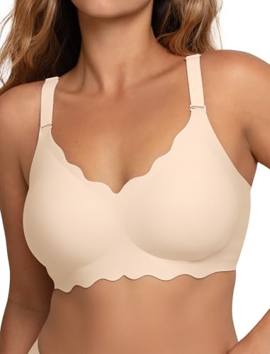 Image of COMFELIE Seamless Wireless T-Shirt Bra for Women, Full Coverage No Underwire with Deep V Neck, U-Back & Lace Trim