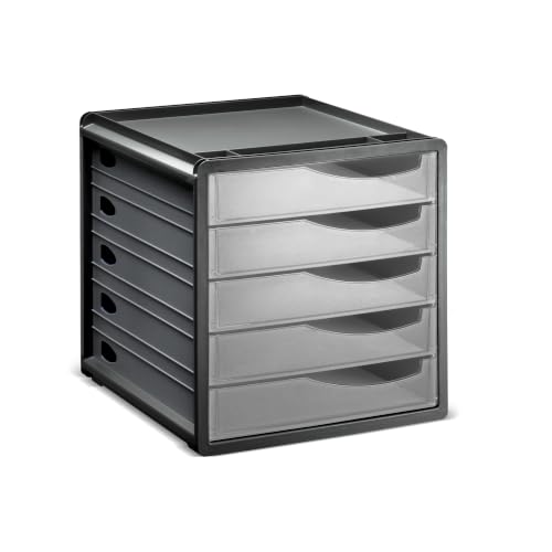 Rotho Spacemaker Cassettiera/scatola da ufficio con 5 cassetti, Plastica (PS) senza BPA, trasparente/nero, 33,5 x 28,5 x 32,0 cm