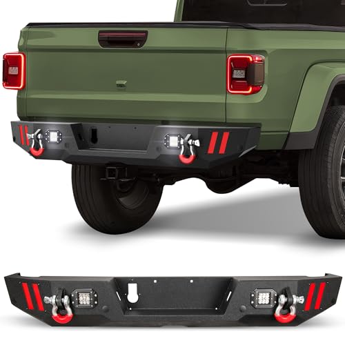 FVLEY Gladiator Rear Bumper w/Lights for 2020-2025 Jeep Gladiator JT, 2020 2021 2022 2023 2024 2025 JT Rear Bumper w/LED Lights, D-rings