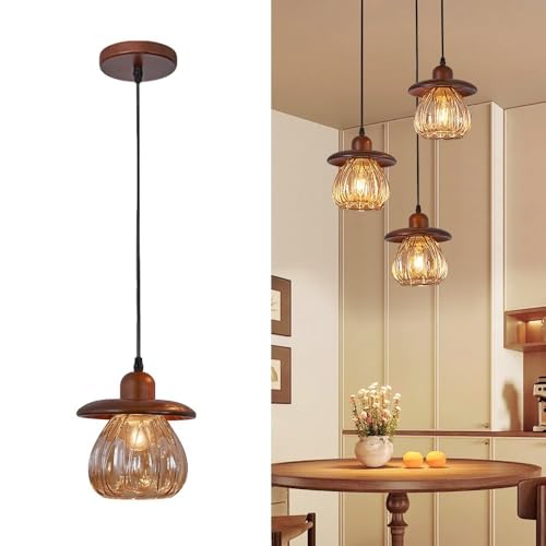 Suspension de salle à manger en bois et verre rayé E27