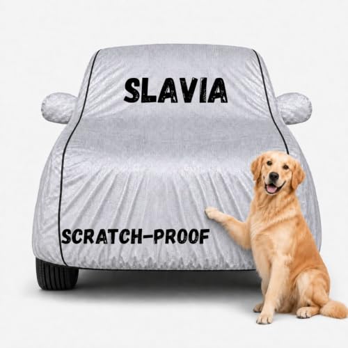 Image of Waterproof Car Cover for Slavia | Soft Cotton Lining Heavy Duty Triple Stitched Heat Resistant Outdoor Cover Comes with Mirror and Antenna Pocket Full Bottom Elastic (Silver)