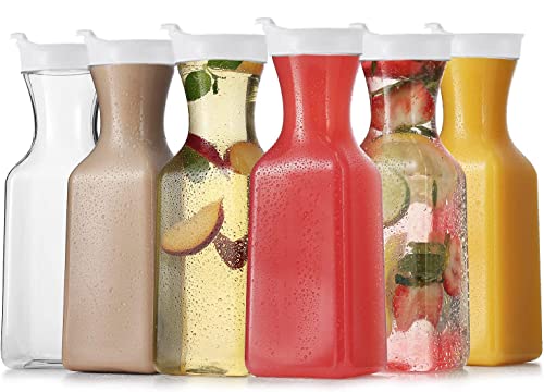 DilaBee Plastic Water Pitcher With Lid - Square Carafe Pitchers for Drinks, Milk, Smoothie, Iced Tea, Mimosa Bar Supplies - BPA-Free - NOT DISHWASHER SAFE (6-Pack, 32 Ounce)