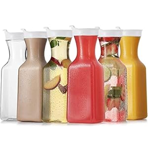 DilaBee Plastic Water Pitcher With Lid – Square Carafe Pitchers for Drinks, Milk, Smoothie, Iced Tea, Mimosa Bar Supplies – BPA-Free – NOT DISHWASHER SAFE (6-Pack, 32 Ounce)