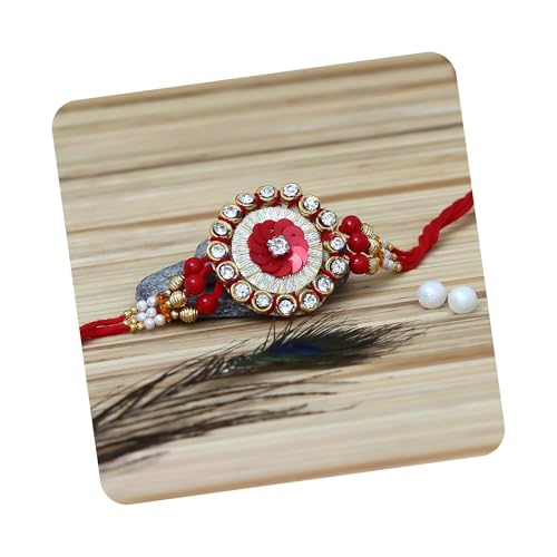 Image of eCraftIndia Set of 7 Rakhi Combo Hamper | Multicolor Om Ganesha Swastik Rudraksha Pearls Religious Designer Rakhis | Roli Chawal Pack