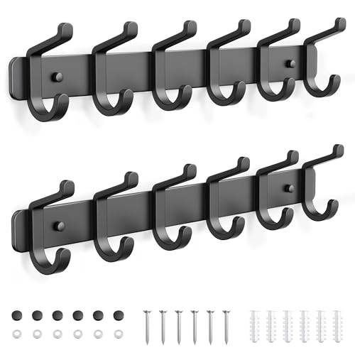 pickpiff Lot de 2 patères murales à 6 crochets, patères en métal, porte-manteau mural pour vestes, sacs, chapeaux, écharpes, barre de suspension pour chambre, dressing, salle de bain, cuisine (Noir)