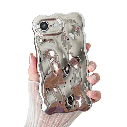 XIZYO for iPhone 17e/16e Case 6.1 Inch Cute Wave Pattern Aesthetic 3D Curly Wavy Shape Plating Glitter Bling Women Girls Soft Bumper Silicone Shockproof Cover, Sliver