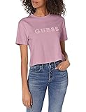 Cropped length Guess Women\'s Active Short Sleeve Embroidered Logo Cropped T-Shirt, Lilac Cream, Extra Small