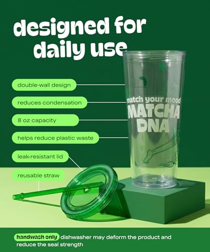 MATCHA DNA Clear Tumbler with Lid and Straw, Insulated Travel Coffee Mug, Plastic Spill Proof Tumbler Cup for Hot or Cold Drinks, Portable, Reusable Cup for Matcha On-the-Go 8 oz - Image 5