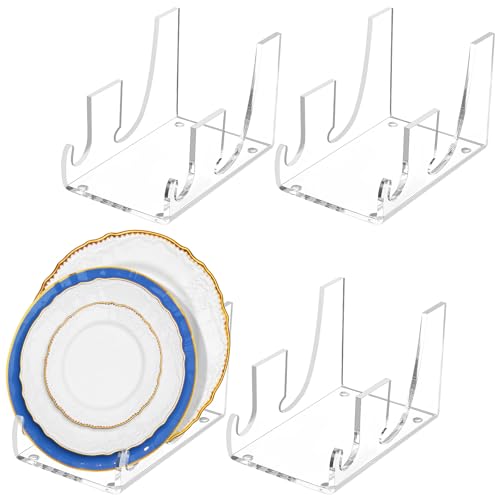 BEVBBJOA 4 Pcs Acrylic 2-Tier Plate Display Stand,Clear Dinnerware Holder for China Platters Kitchen & Cabinet Organizer Rack for Tableware Display (2-Tier)